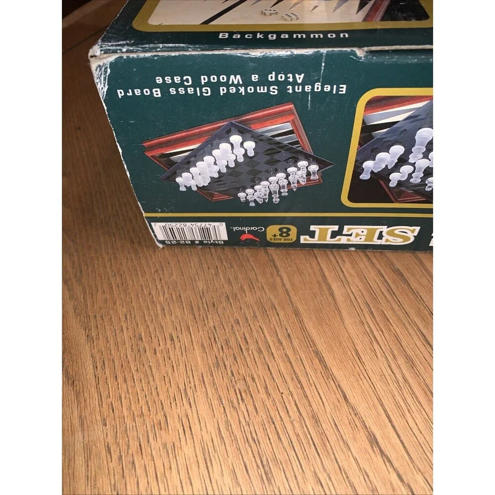 GLASS & WOOD 3 GAME SET CHESS - CHECKERS - BACKGAMMON CARDINAL MODEL 82-25 NOB